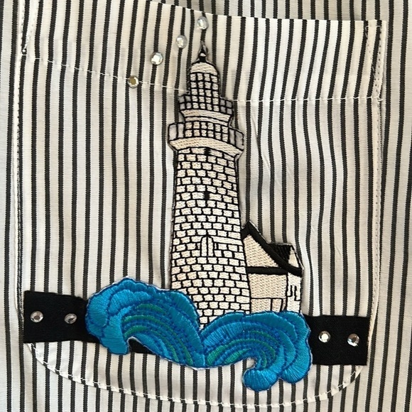 Black and White Striped  Nautical Long Sleeve Blouse With Lighthouse Appliqué  M - Picture 9 of 9